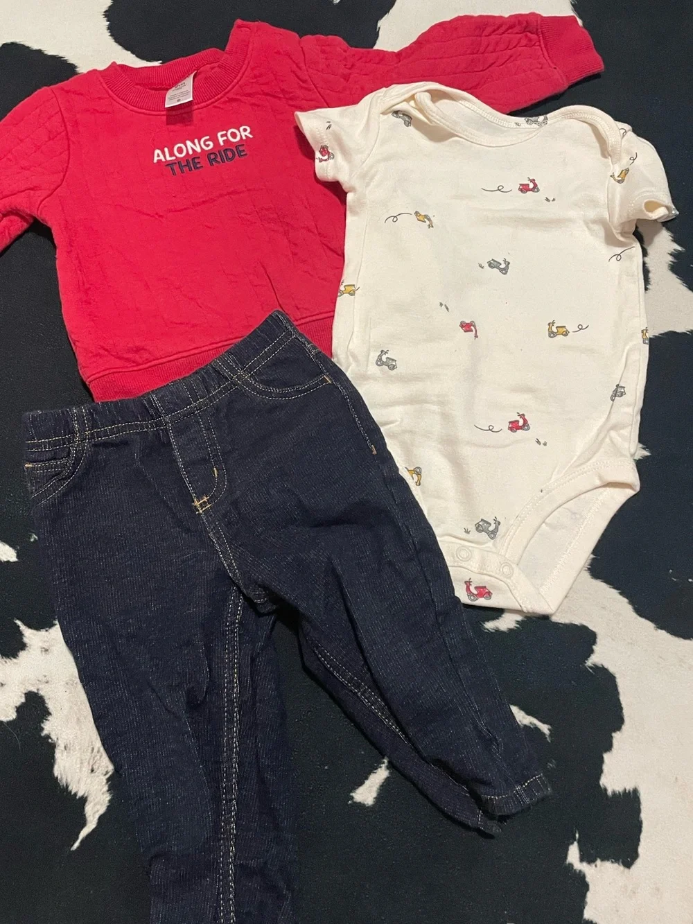 2/$12 Carters Red Sweatshirt Outfit with Scooter Onesie and Dark Denim Pants